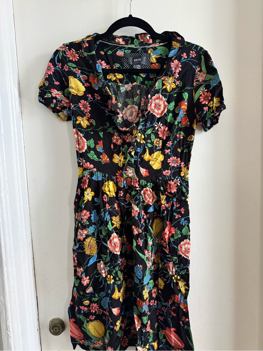 Anthropologie Black Floral Short Sleeve Mini Dress
